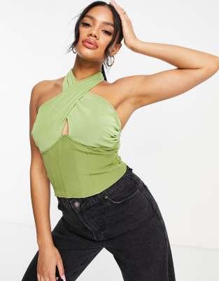 Missguided mesh corset halter neck top in sage-Green