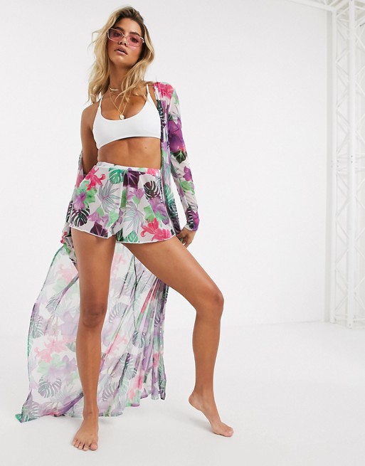 Missguided mesh floaty beach shorts in tropical