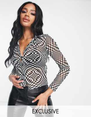 Missguided mesh long sleeve shirt in optical check