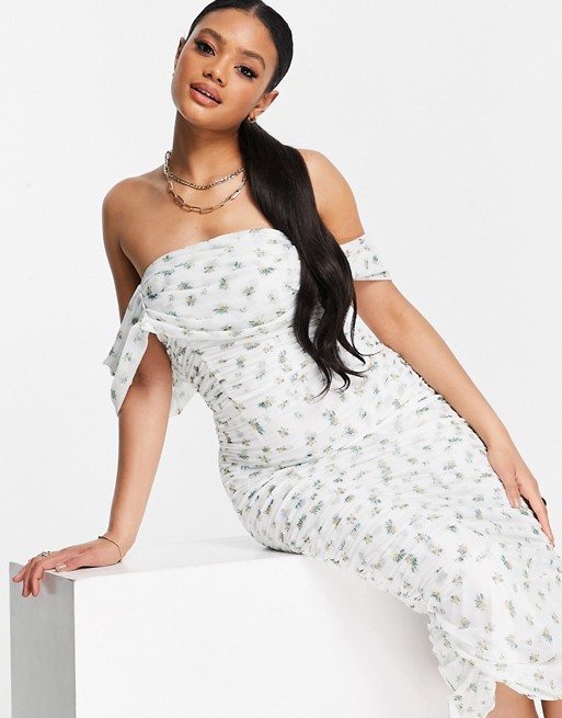 Missguided mesh ruched bardot midi dress in white floral