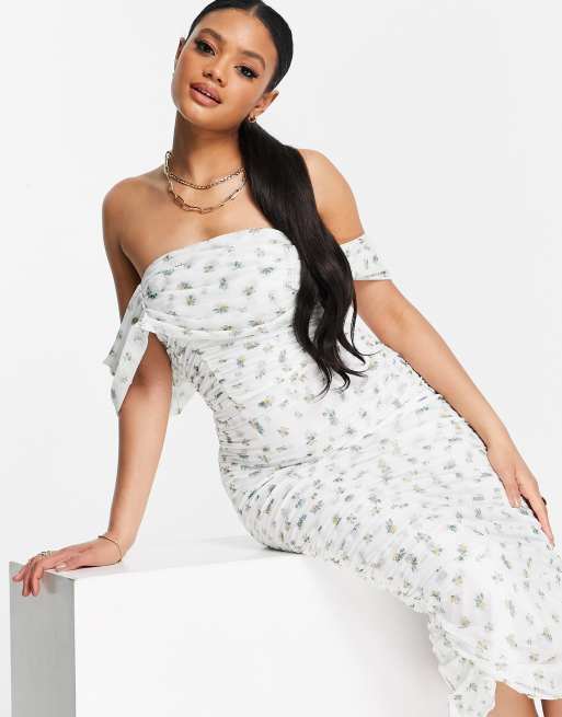 White mesh ruched 2025 bardot midi dress