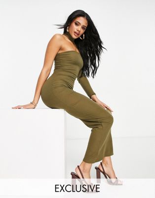 Missguided midaxi dress with asymmetric sleeve in khaki