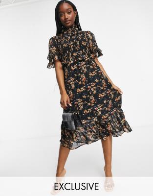 Missguided midi dress with high neck in black floral