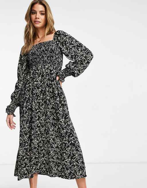 Missguided - Midi jurk met lange mouwen en gesmokte buste in zwart met fijne bloemenprint