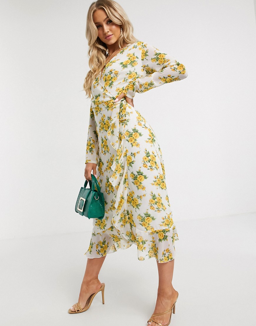 Missguided - Midi-jurk met overslag, ruches aan de zoom en bloemenprint-Multi