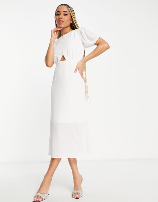 Missguided - Midi jurk met pofmouwen en uitsnijding in wit 