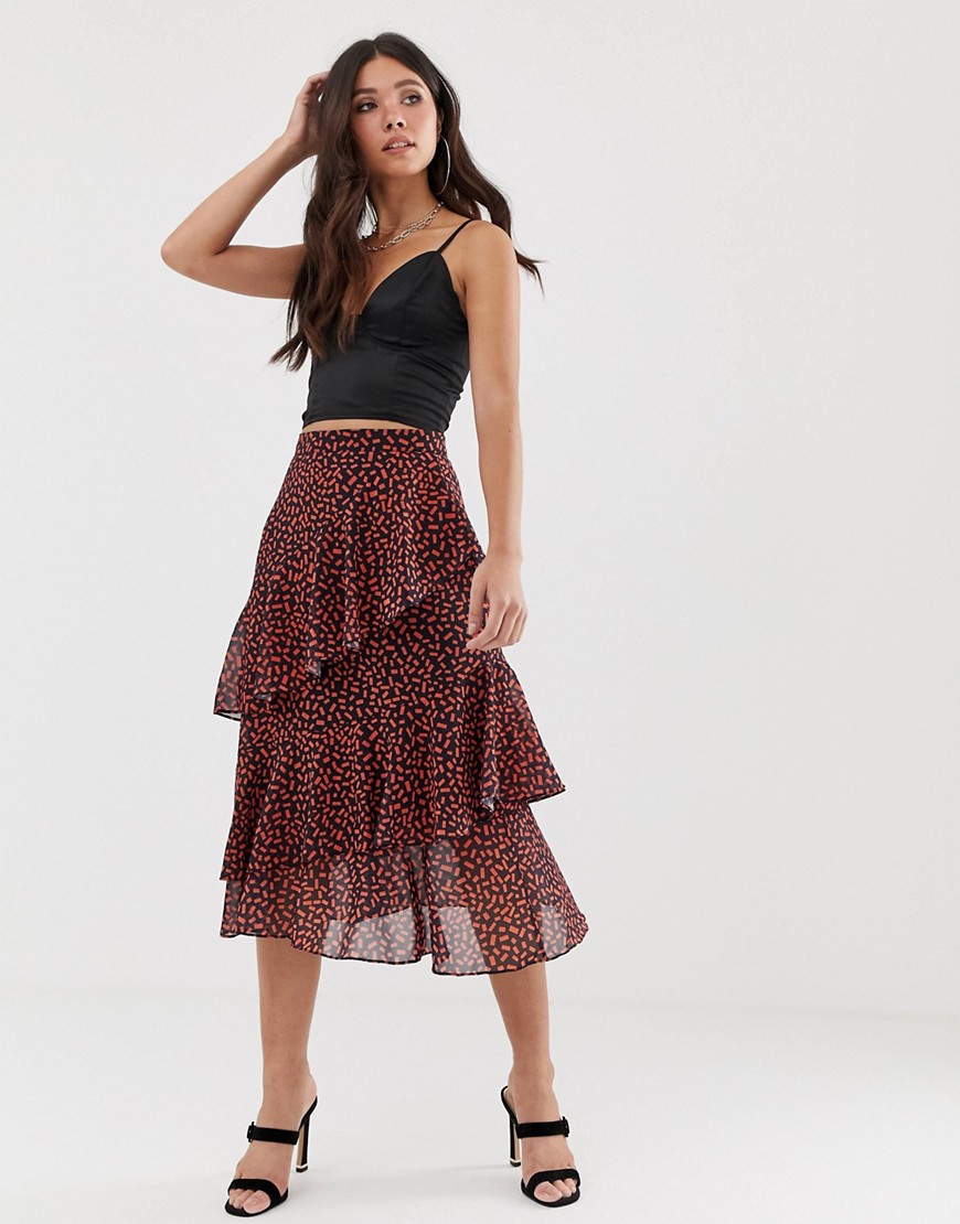 Missguided midi skirt with frill layers in polka dot-Black
