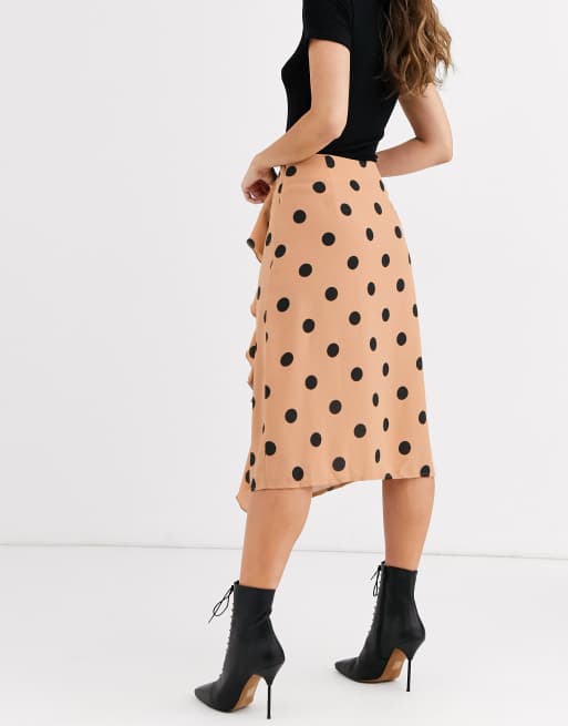 Missguided midi skirt with ruffle in camel polka dot