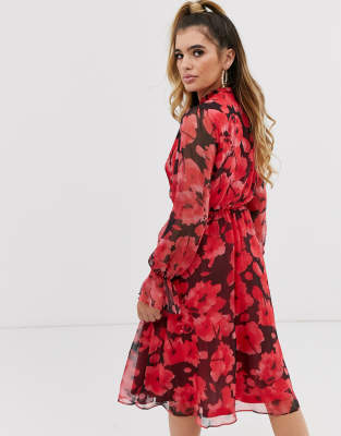 red floral smock dress