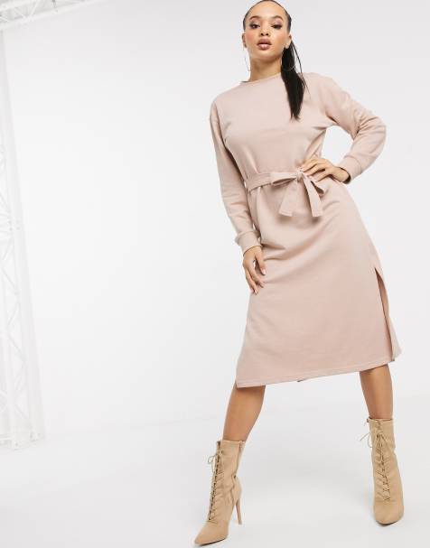 Missguided – Midi-Sweatkleid mit Bindegürtel in Sandbeige
