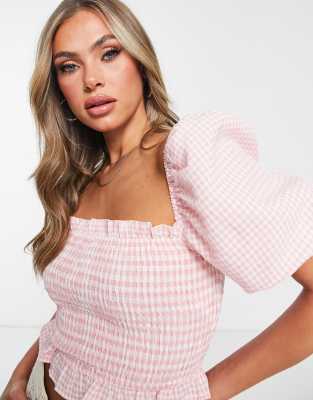 Missguided - Milchmädchen-Oberteil mit rosa Vichy-Karo