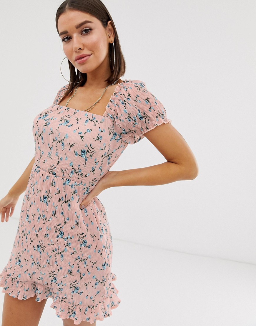 Missguided milk maid dress with square neck in pink ditsy floral