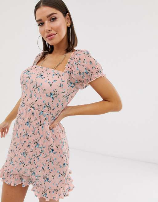Missguided milk maid dress with square neck in pink ditsy floral | ASOS