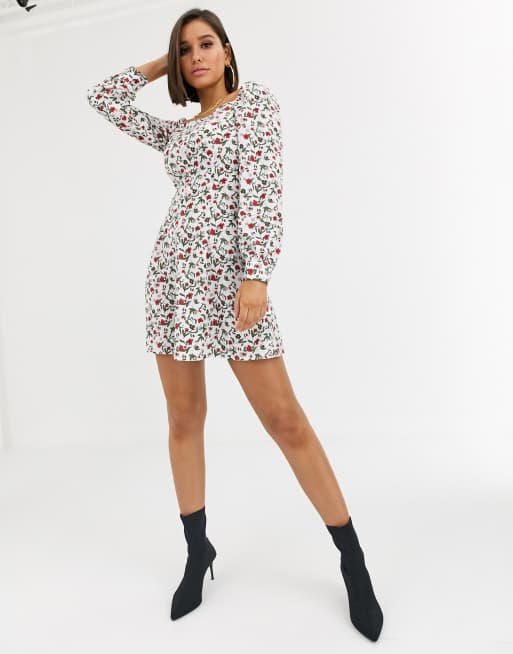 Missguided milkmaid mini dress in black ditsy floral hotsell