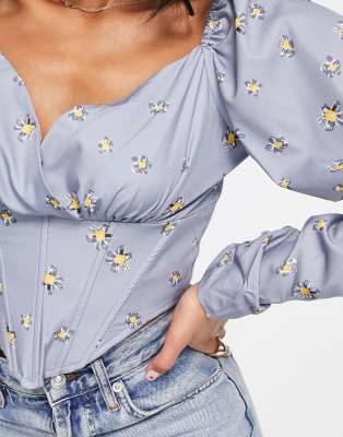 Missguided milkmaid corset blouse with ruched sleeve in lilac floral