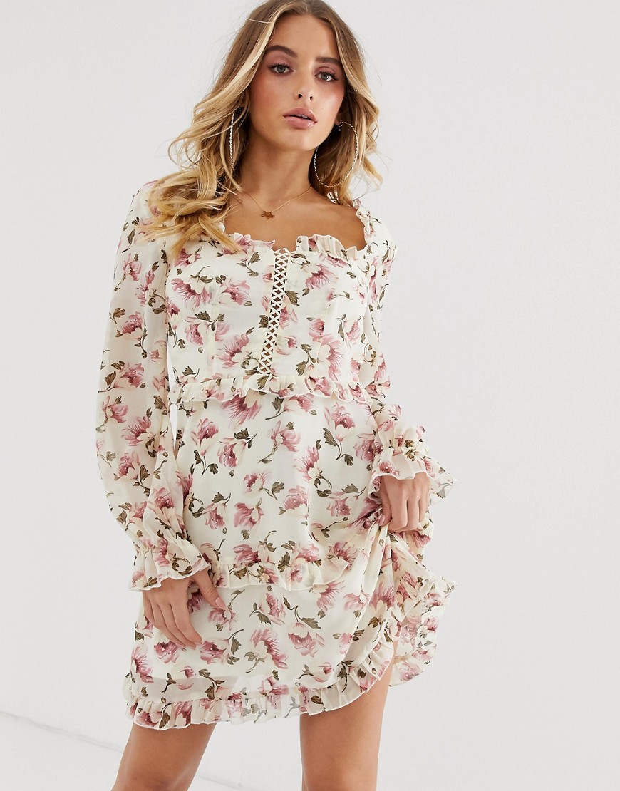 Missguided milkmaid dress with lace up detail in floral print-Multi