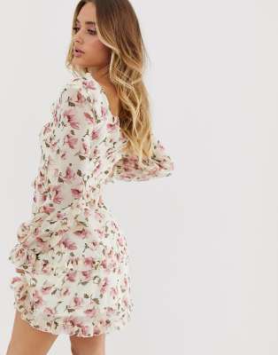 Missguided milkmaid dress with lace up detail on sale in floral print