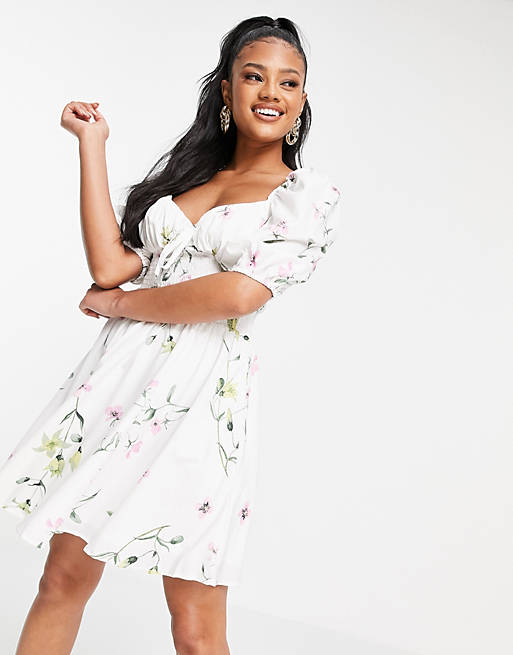 Missguided milkmaid dress with short sleeve in floral print