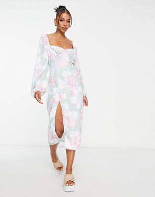 Missguided milkmaid midaxi dress with balloon sleeve in green floral - ASOS Price Checker