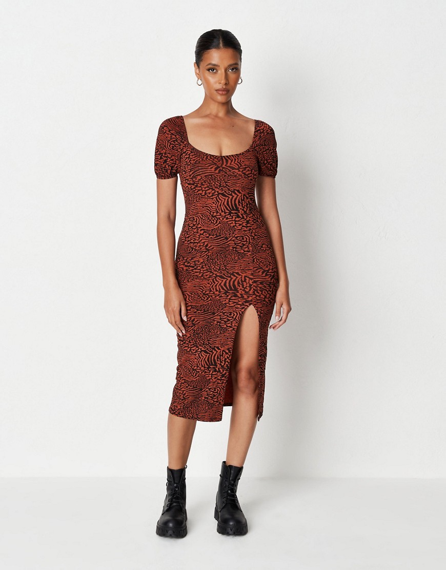 Missguided milkmaid midaxi dress with split in brown animal print