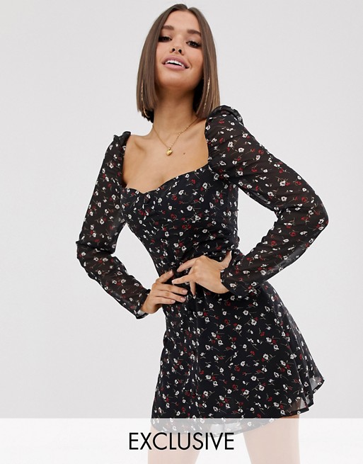 Missguided milkmaid mini dress in black ditsy floral