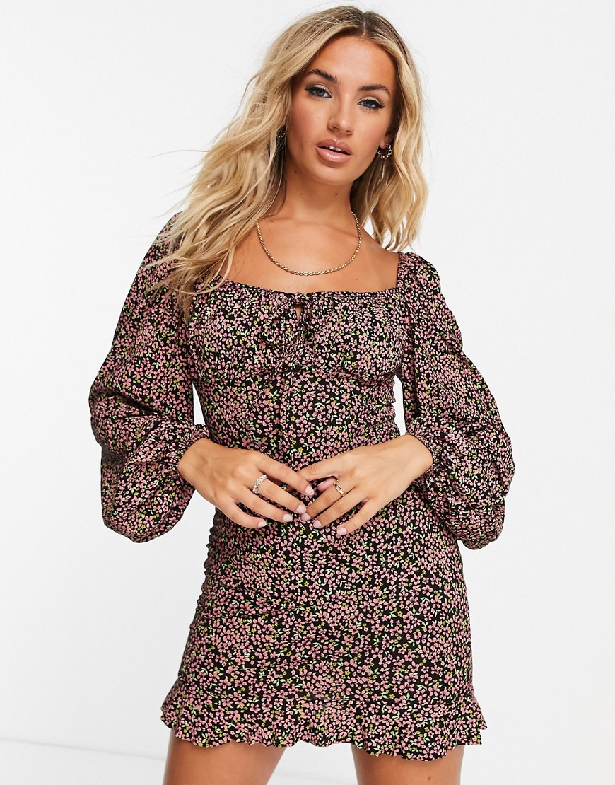 Missguided milkmaid mini dress with balloon sleeves in red floral-Multi