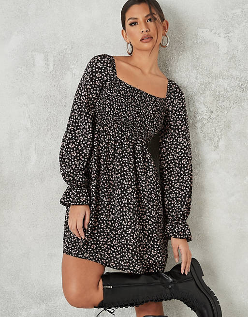 Missguided milkmaid mini dress with shirred bust in black ditsy