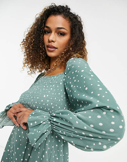 Missguided milkmaid mini dress with shirred bust in sage polka