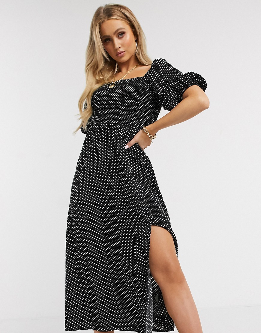 Missguided milkmaid shirred midi dress with puff sleeves in polka dot-Black