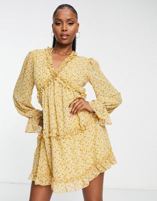 Missguided mini dress with chiffon frill detail in yellow