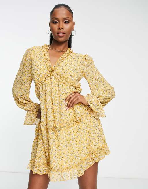 Wide Sleeve Flowy Chiffon Dress Yellow  Flowy chiffon dress, Chiffon  dress, Yellow dress