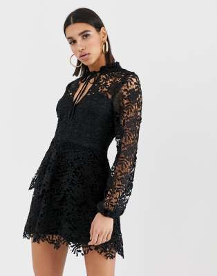 Missguided mini dress with crochet layer detail and tie front in black ...