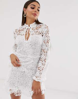 Missguided High Neck Bell Sleeve Lace Dress in White