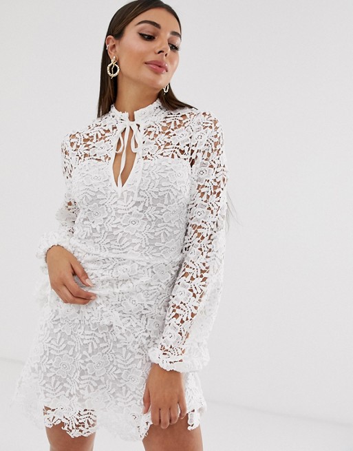 Missguided mini dress with crochet layer detail and tie front in white