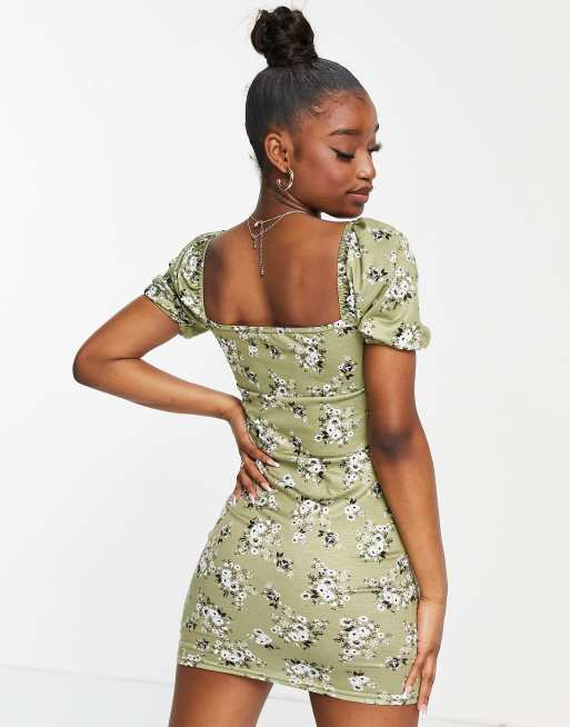 Missguided mini dress with puff sleeve in khaki floral, 2 of 4