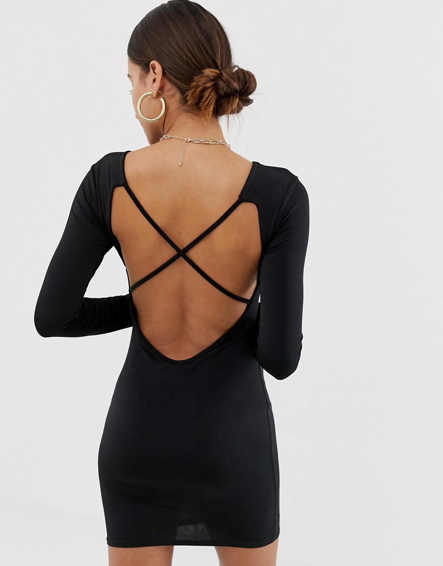 Missguided - Mini-jurk met open achterkant en lange mouwen in zwart