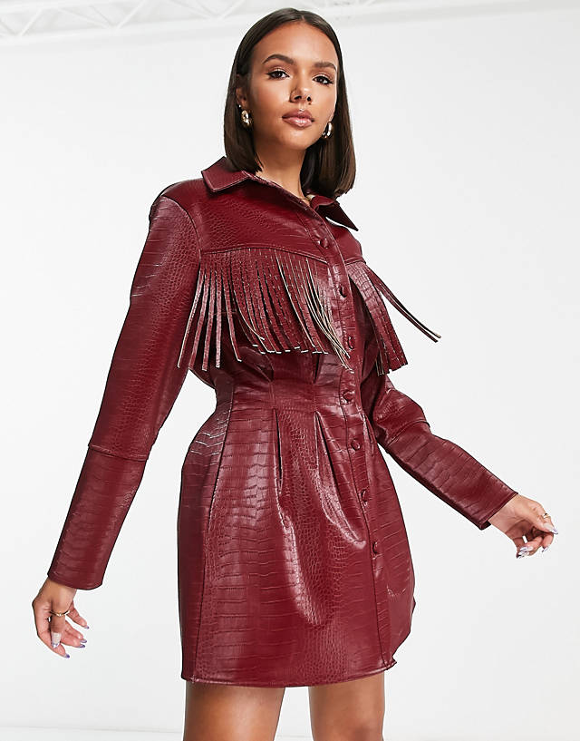 Missguided - mini shirt dress with fringing in burgundy croc faux leather