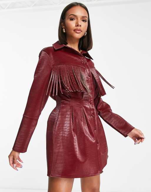 Missguided mini shirt dress with fringing in burgundy croc faux leather