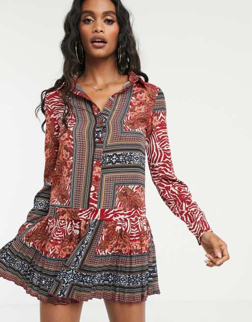 Missguided mini shirt dress with pleated hem in mixed print