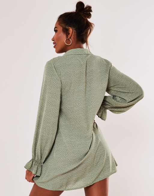 Missguided – Mintgrön, småprickig skjortklänning med volang i ärmslut, 2 av 4