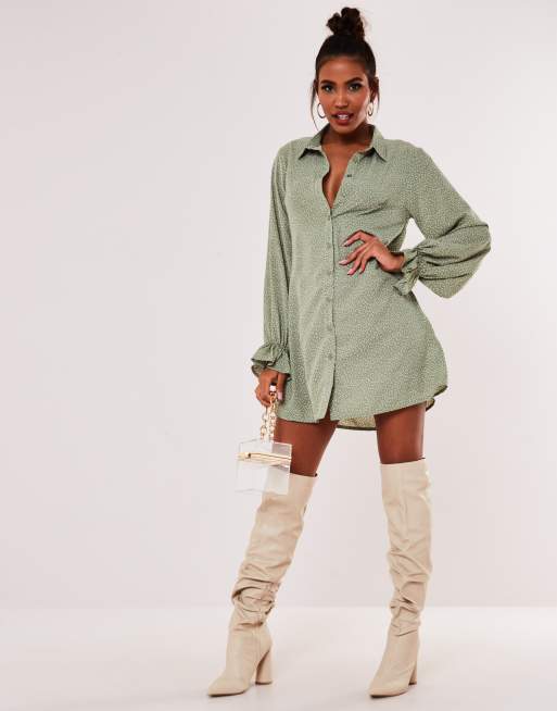 Missguided – Mintgrön, småprickig skjortklänning med volang i ärmslut, 4 av 4
