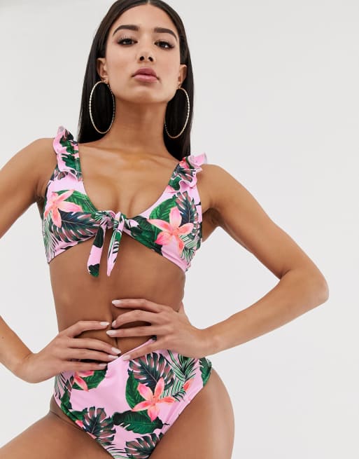 Missguided mix and match floral tie bikini top in multi