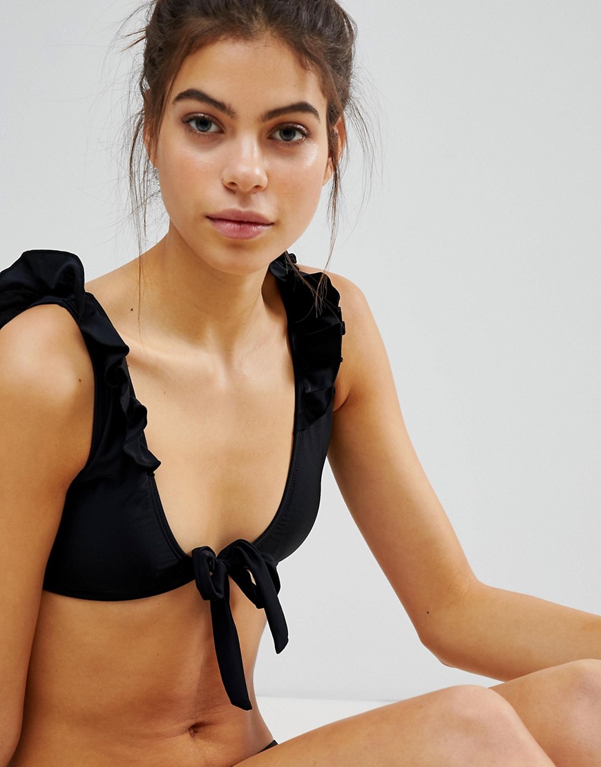 Missguided mix and match frill shoulder tie front bikini top in black
