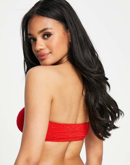 Missguided - Mix & Match - Top bikini a fascia in tessuto stropicciato, colore rosso, 2 di 4