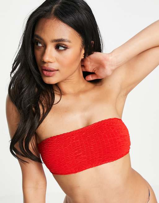 Missguided - Mix & Match - Top bikini a fascia in tessuto stropicciato, colore rosso, 4 di 4