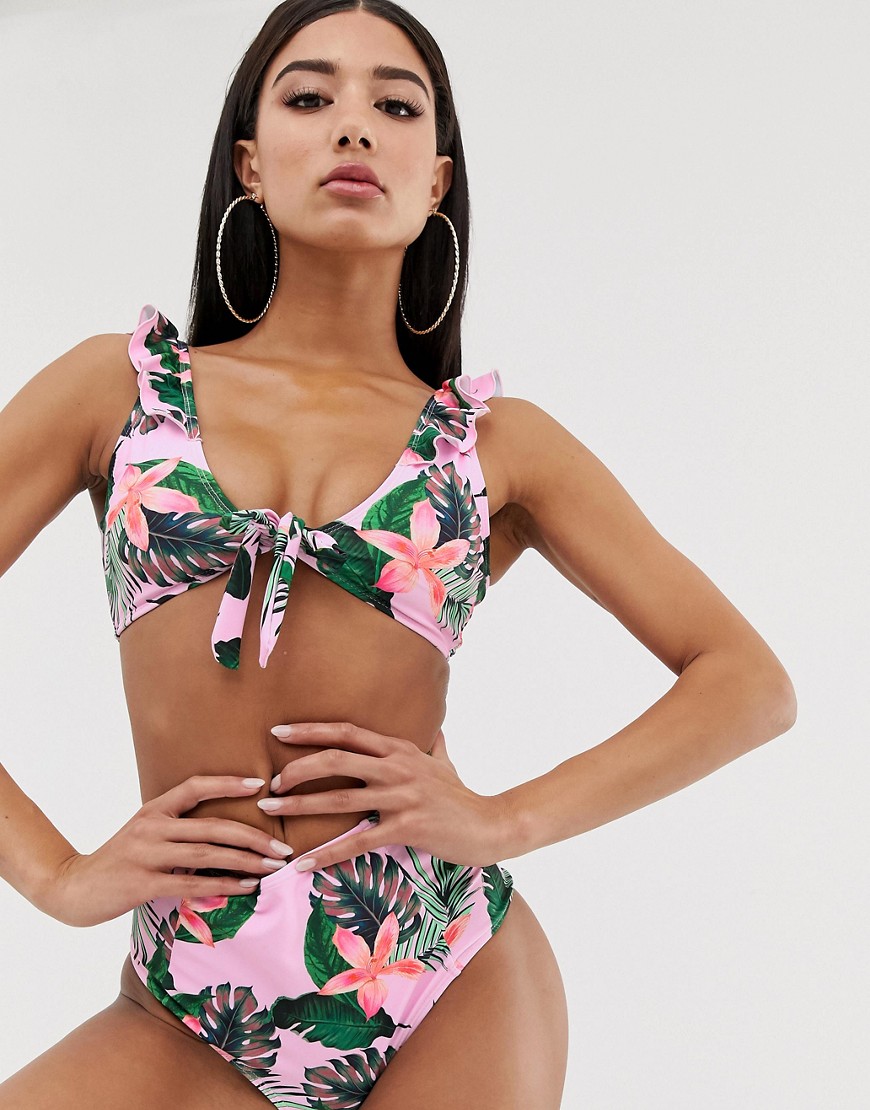 Missguided – Mixa och matcha – Blommig flerfärgad bikiniöverdel med knytning-Rosa