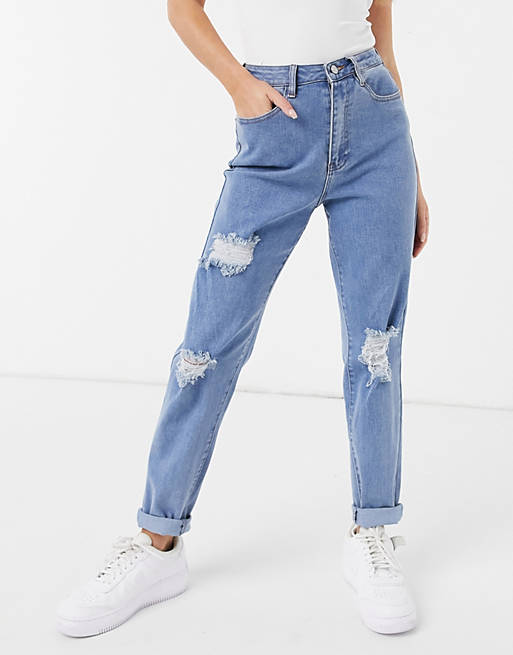 Missguided mom jean with rips in blue