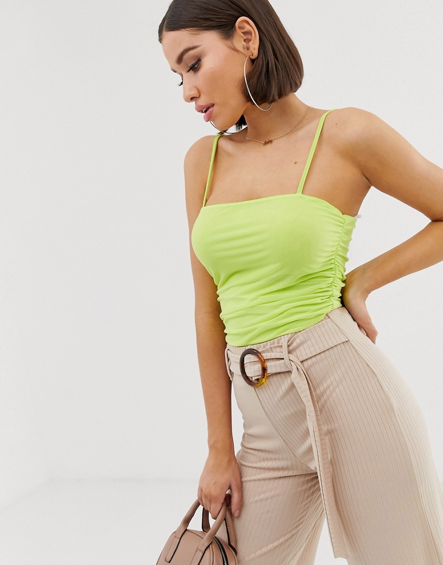 Missguided netted bodysuit with ruched sides in green