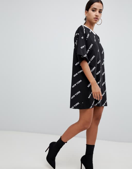 New York Slogan Black T Shirt Dress, Dresses