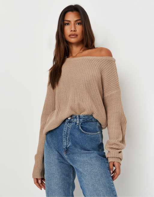 Missguided off shoulder jumper in taupe ASOS